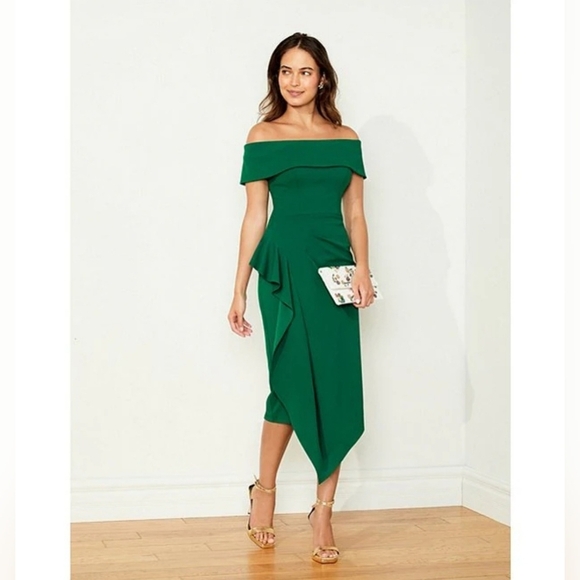 $239 Midi Green Off the Shoulder Scuba Crepe Side Ruched Dress - Picture 5 of 13
